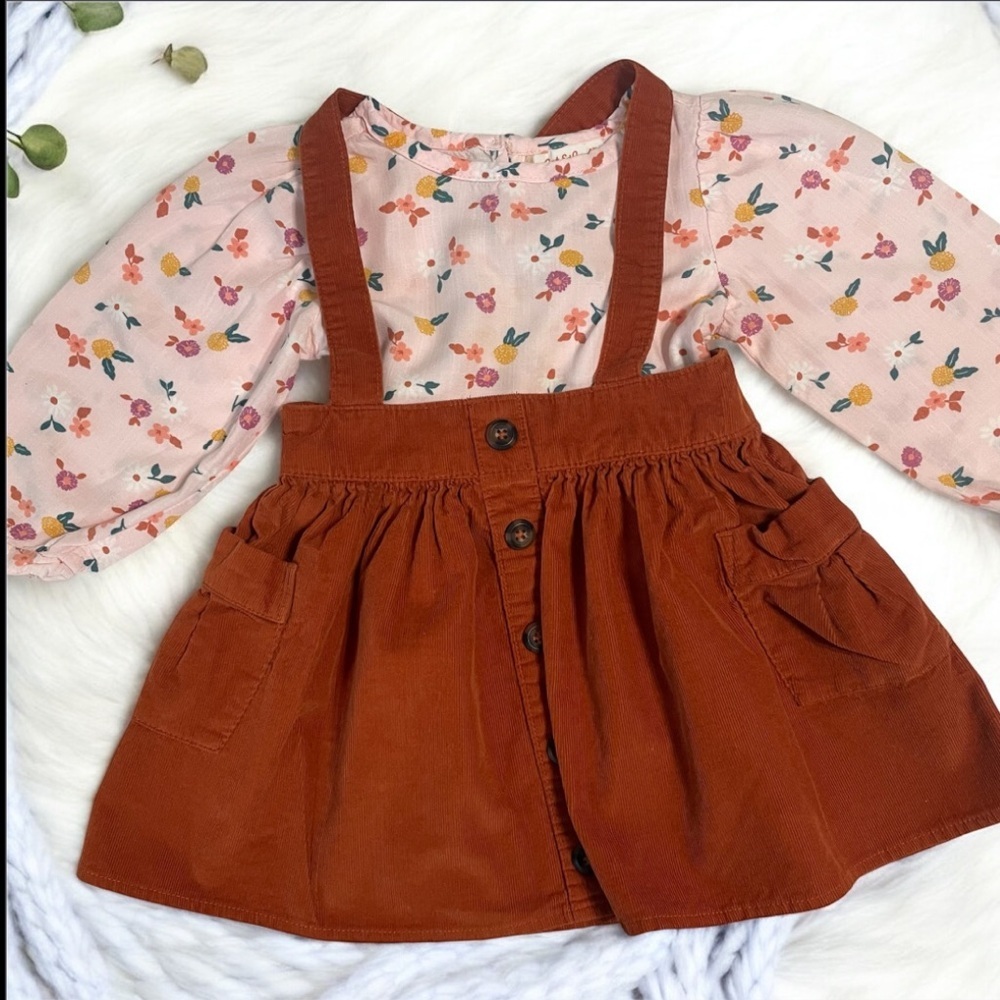 Cat & Jack Floral Top with A Rusty Brown Corduroy Suspender Skirt